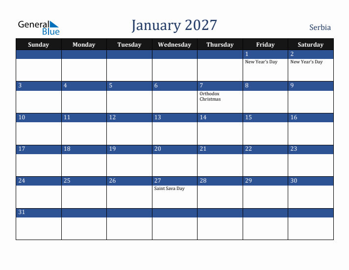 January 2027 Serbia Calendar (Sunday Start)