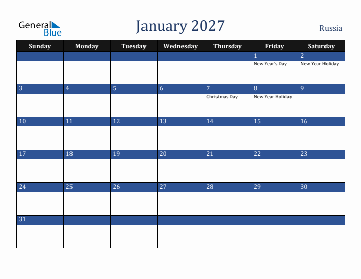 January 2027 Russia Calendar (Sunday Start)