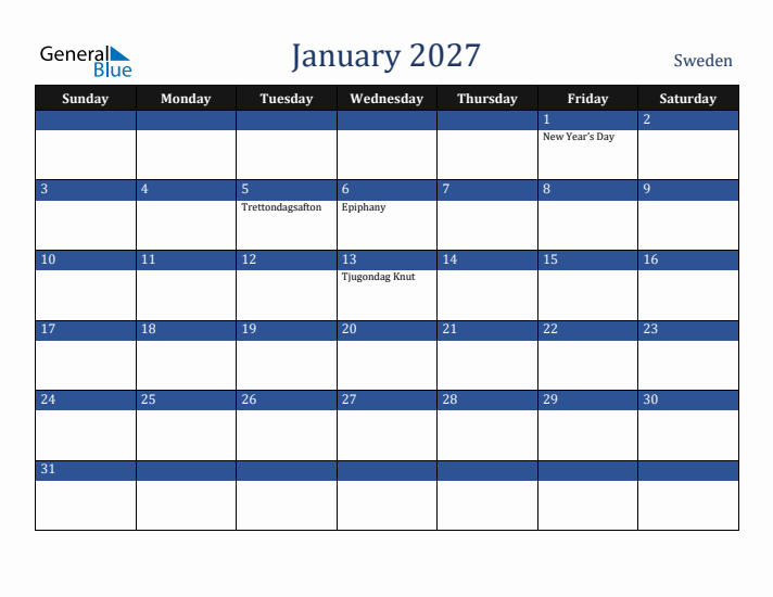 January 2027 Sweden Calendar (Sunday Start)