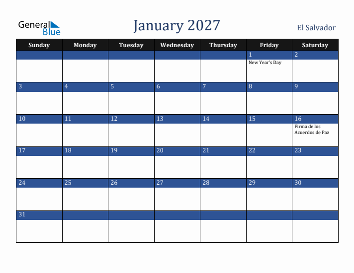 January 2027 El Salvador Calendar (Sunday Start)