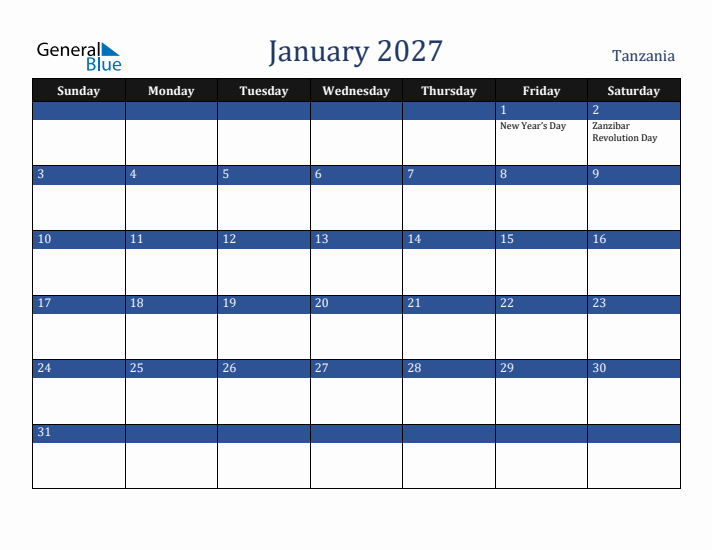 January 2027 Tanzania Calendar (Sunday Start)