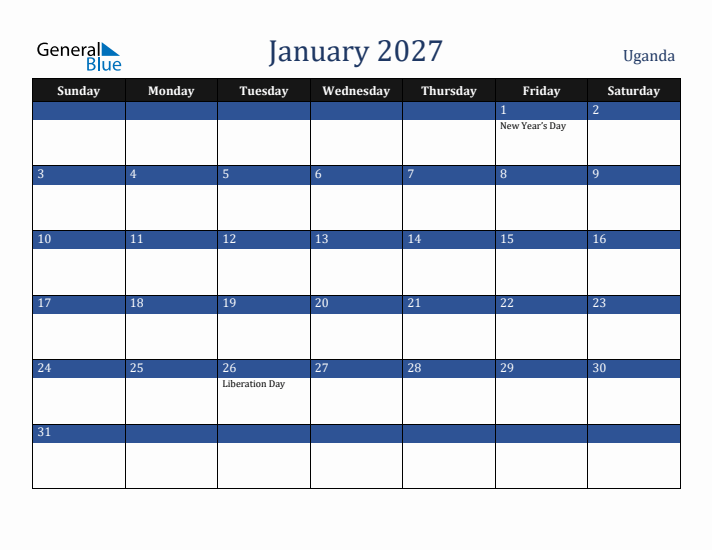 January 2027 Uganda Calendar (Sunday Start)