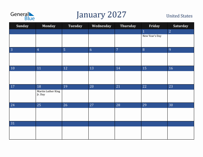 January 2027 United States Calendar (Sunday Start)