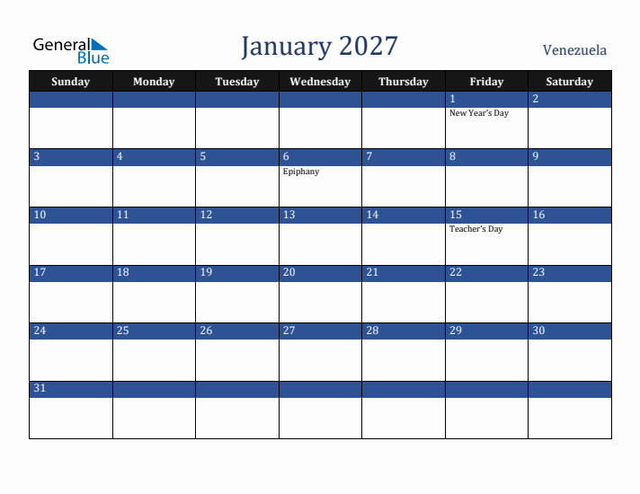 January 2027 Venezuela Calendar (Sunday Start)