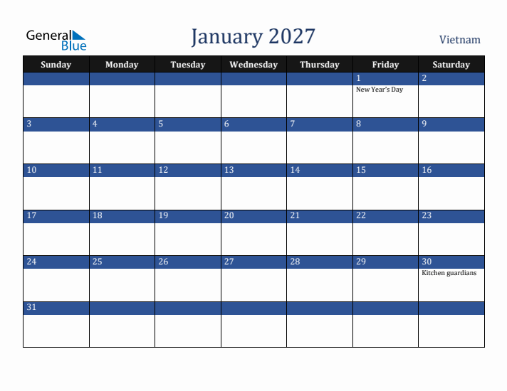 January 2027 Vietnam Calendar (Sunday Start)