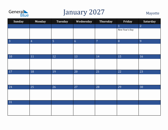 January 2027 Mayotte Calendar (Sunday Start)