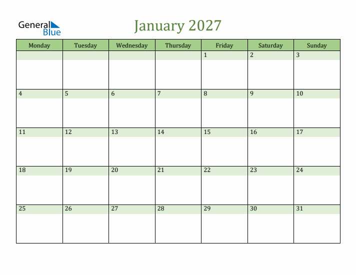 January 2027 Calendar with Monday Start