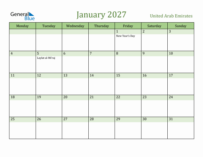 January 2027 Calendar with United Arab Emirates Holidays