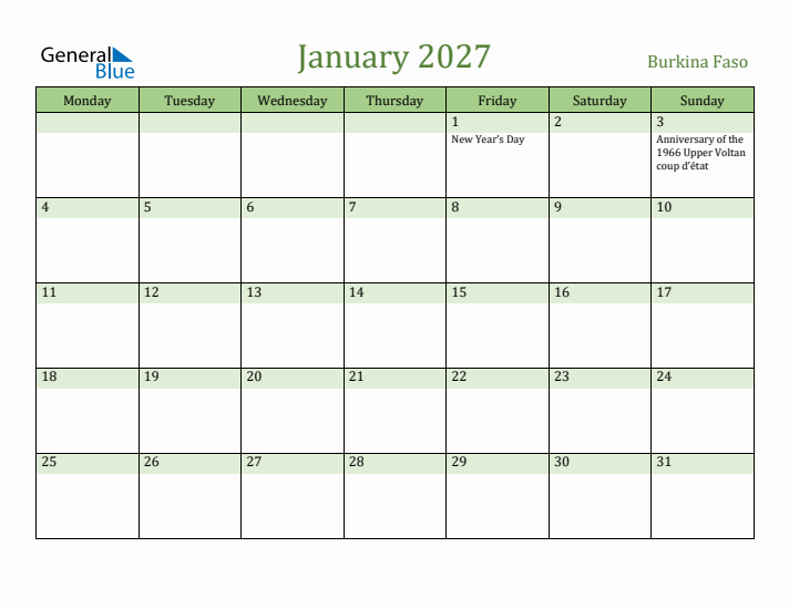 January 2027 Calendar with Burkina Faso Holidays