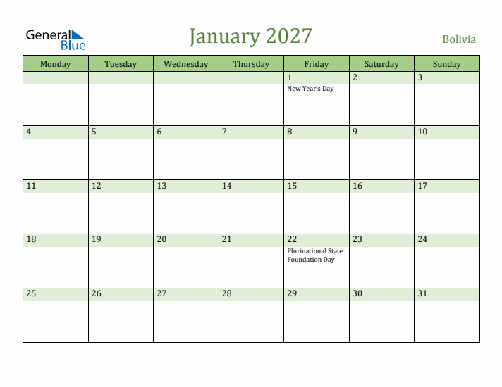 January 2027 Calendar with Bolivia Holidays