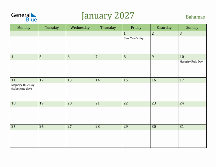 January 2027 Calendar with Bahamas Holidays