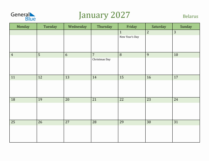 January 2027 Calendar with Belarus Holidays