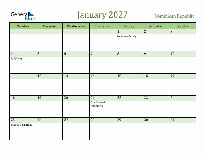 January 2027 Calendar with Dominican Republic Holidays