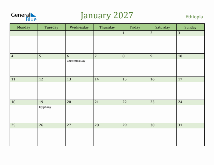 January 2027 Calendar with Ethiopia Holidays
