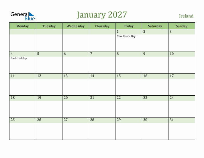 January 2027 Calendar with Ireland Holidays