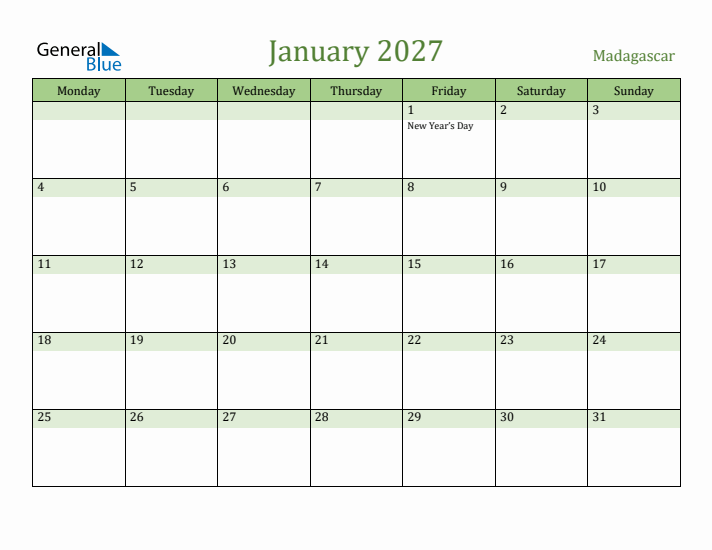 January 2027 Calendar with Madagascar Holidays