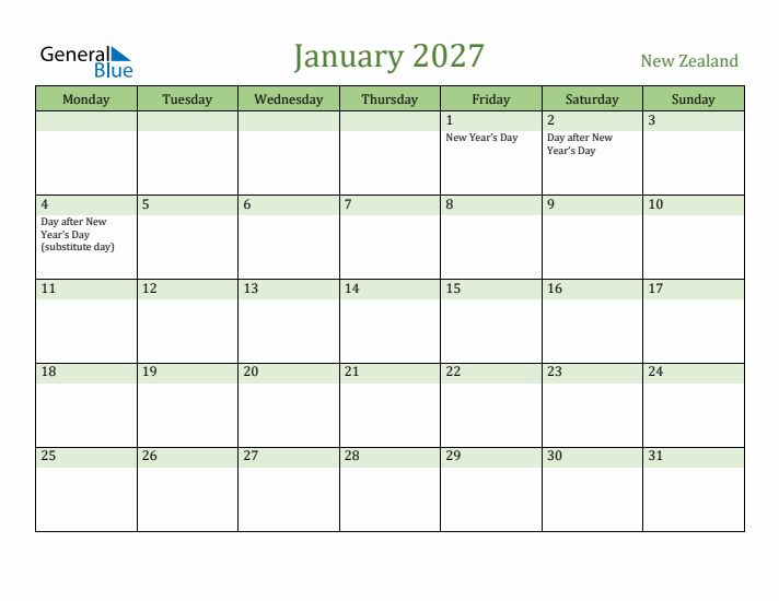 January 2027 Calendar with New Zealand Holidays