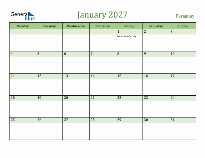 January 2027 Calendar with Paraguay Holidays