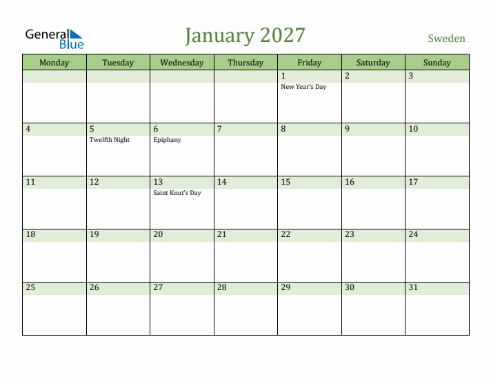 January 2027 Calendar with Sweden Holidays