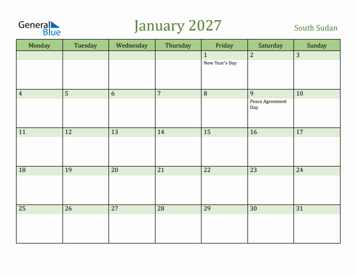 January 2027 Calendar with South Sudan Holidays