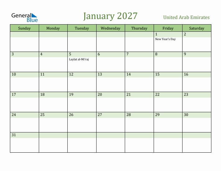 January 2027 Calendar with United Arab Emirates Holidays