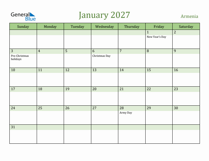 January 2027 Calendar with Armenia Holidays
