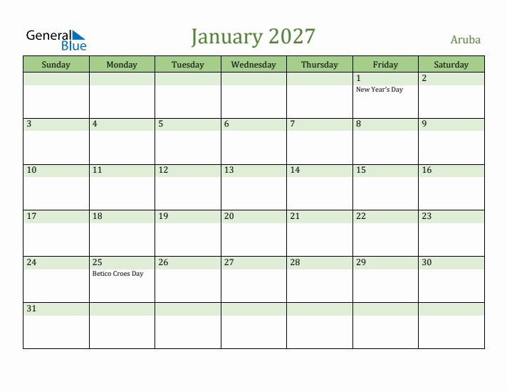 January 2027 Calendar with Aruba Holidays