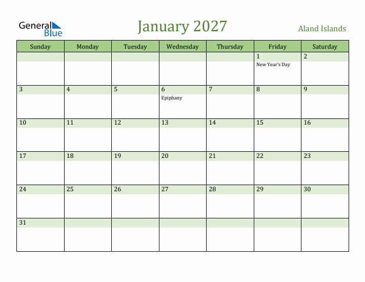 January 2027 Calendar with Aland Islands Holidays