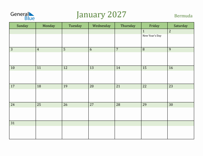 January 2027 Calendar with Bermuda Holidays