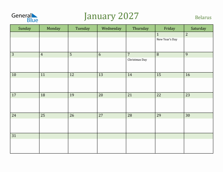 January 2027 Calendar with Belarus Holidays