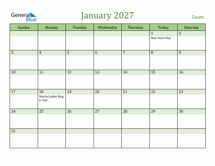 January 2027 Calendar with Guam Holidays