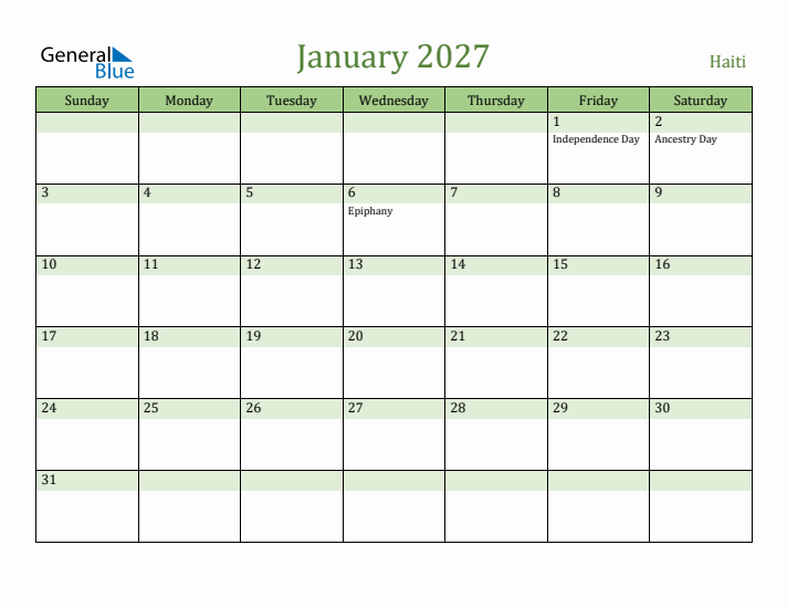 January 2027 Calendar with Haiti Holidays