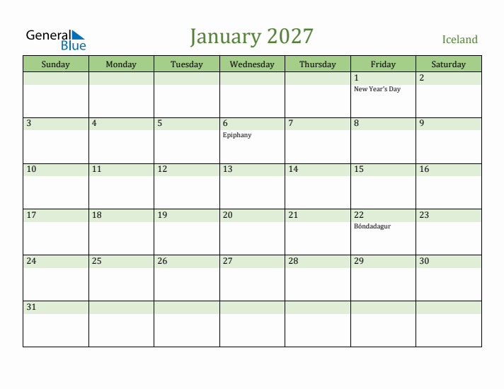 January 2027 Calendar with Iceland Holidays