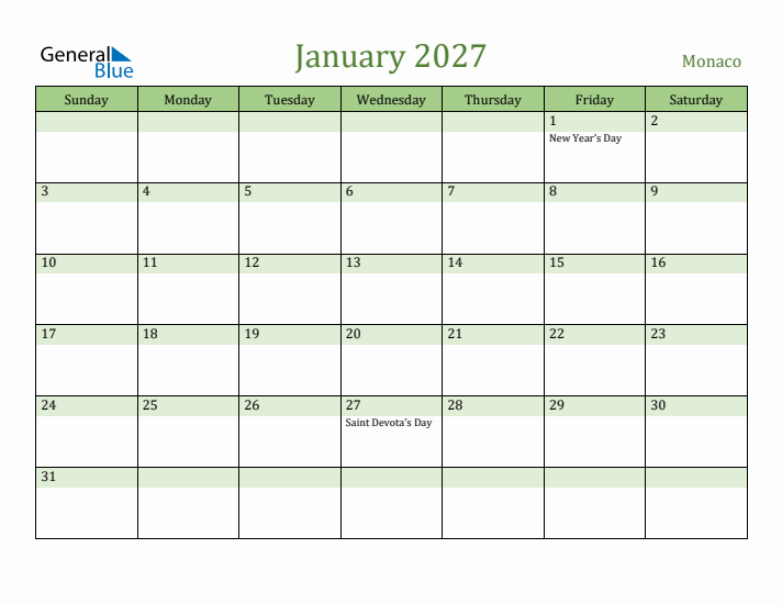 January 2027 Calendar with Monaco Holidays