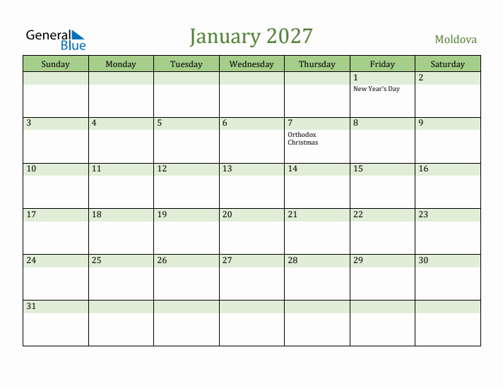 January 2027 Calendar with Moldova Holidays