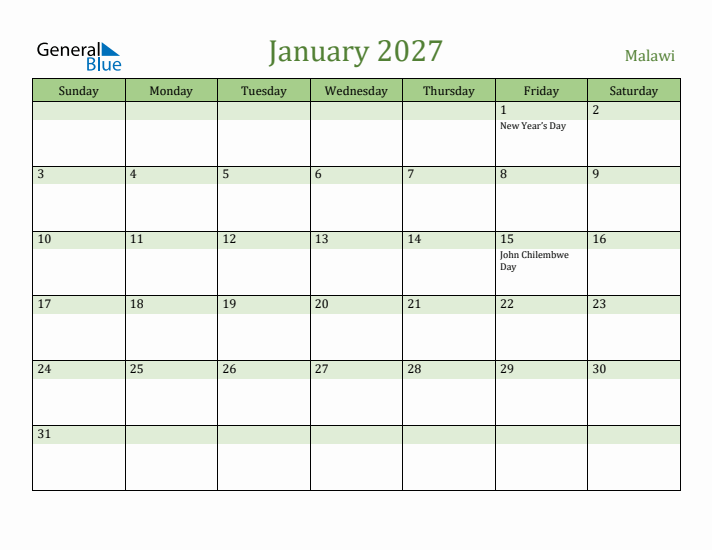 January 2027 Calendar with Malawi Holidays