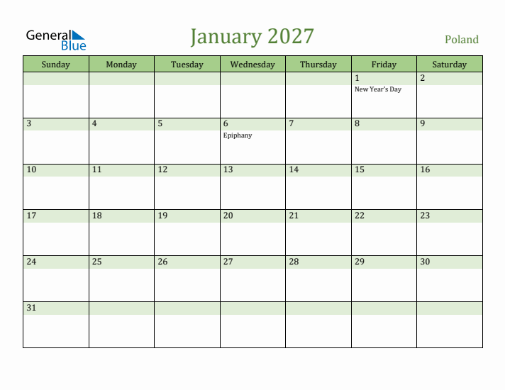 January 2027 Calendar with Poland Holidays