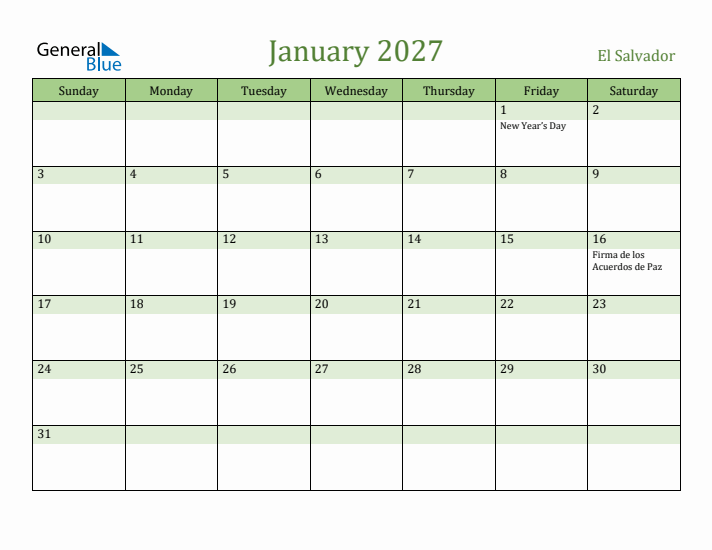 January 2027 Calendar with El Salvador Holidays