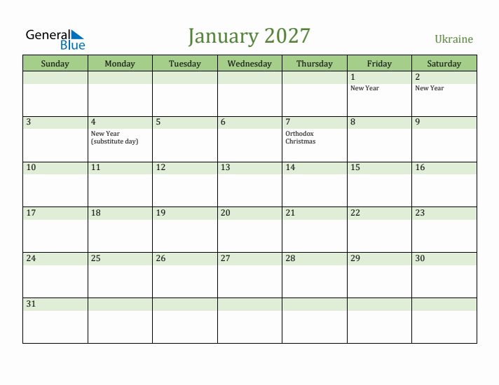 January 2027 Calendar with Ukraine Holidays