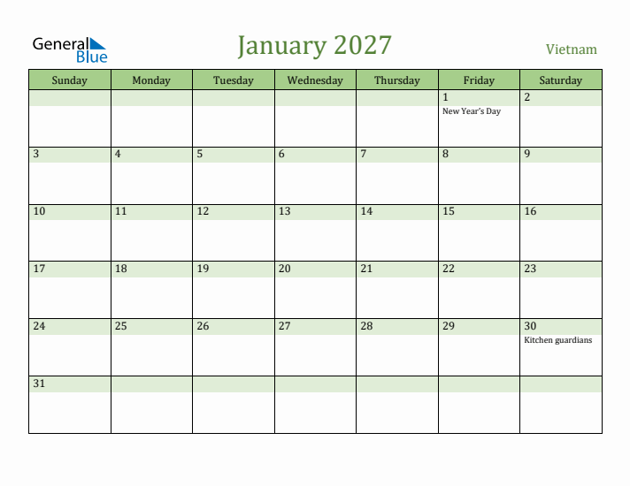 January 2027 Calendar with Vietnam Holidays