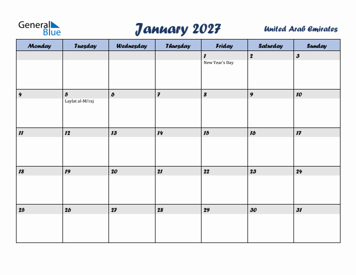 January 2027 Calendar with Holidays in United Arab Emirates
