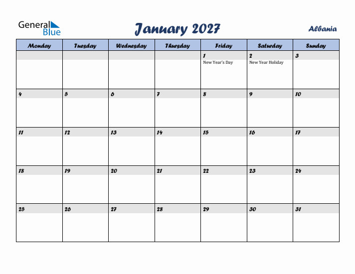 January 2027 Calendar with Holidays in Albania