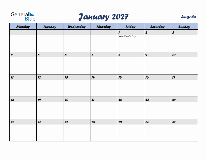 January 2027 Calendar with Holidays in Angola