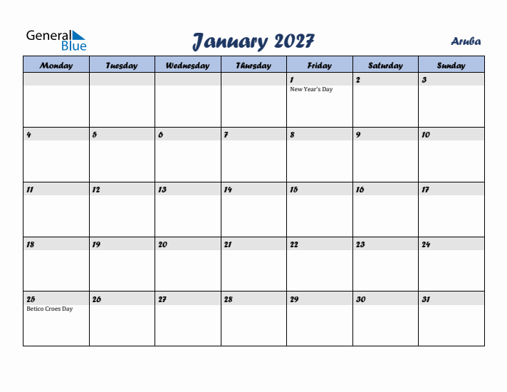 January 2027 Calendar with Holidays in Aruba