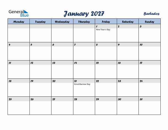 January 2027 Calendar with Holidays in Barbados