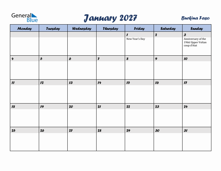 January 2027 Calendar with Holidays in Burkina Faso