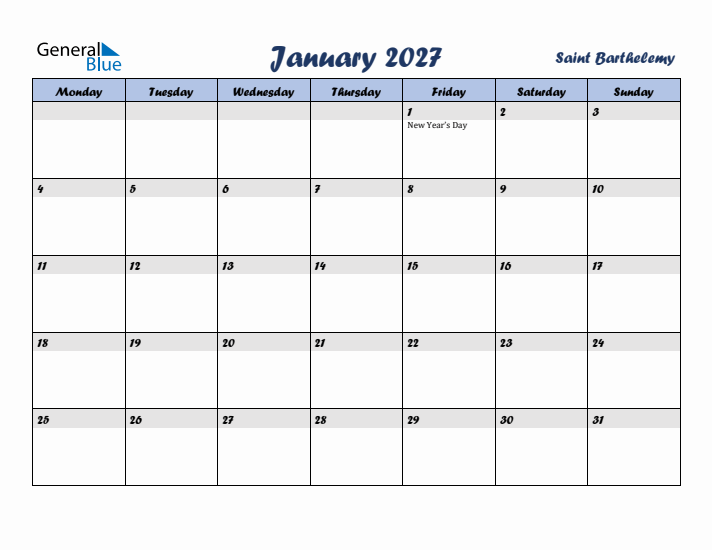 January 2027 Calendar with Holidays in Saint Barthelemy