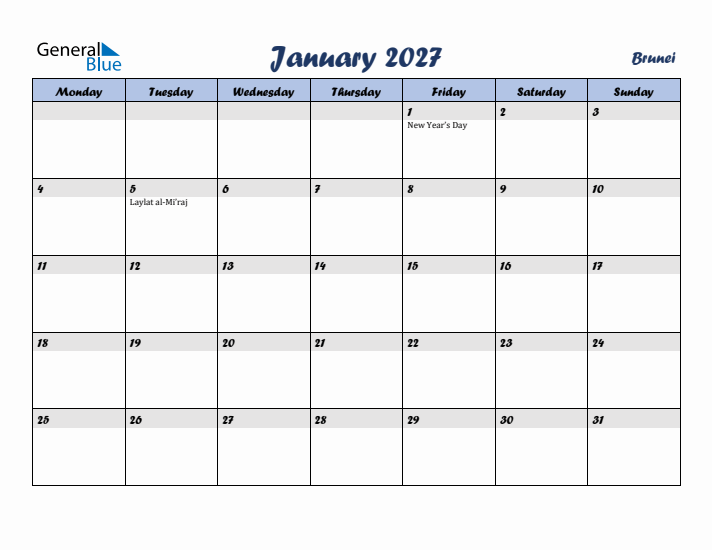 January 2027 Calendar with Holidays in Brunei