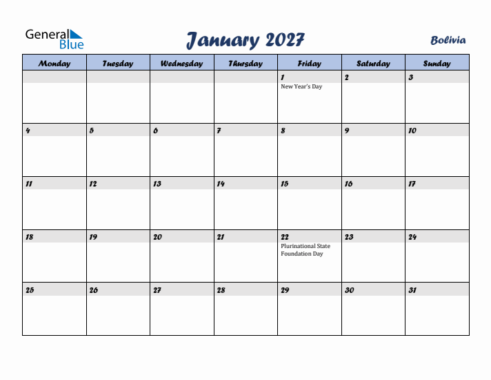 January 2027 Calendar with Holidays in Bolivia