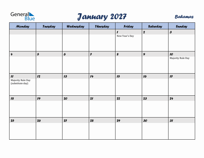 January 2027 Calendar with Holidays in Bahamas
